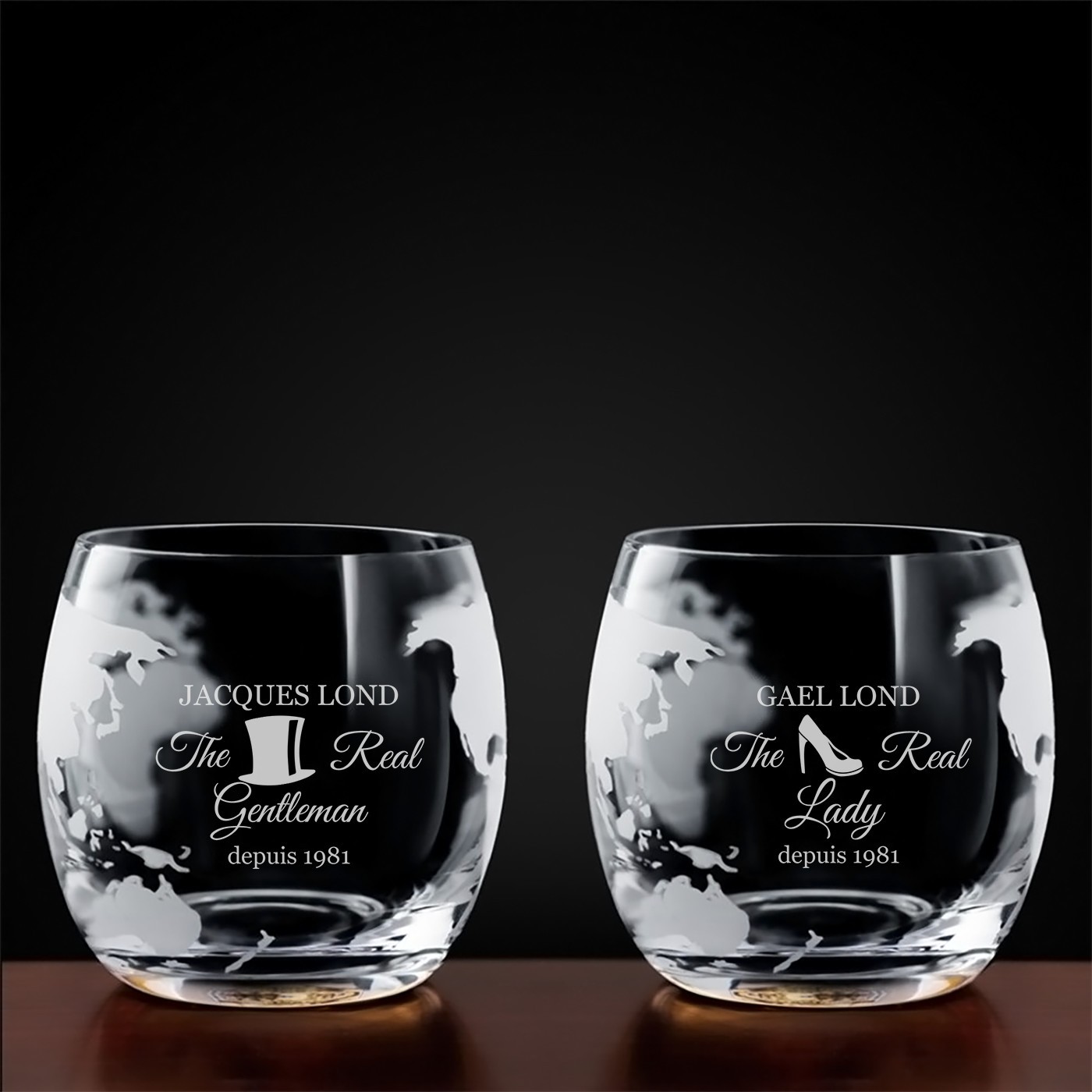 Set whisky carafe avec bateau et 4 verres avec gravure pour un couple mariés