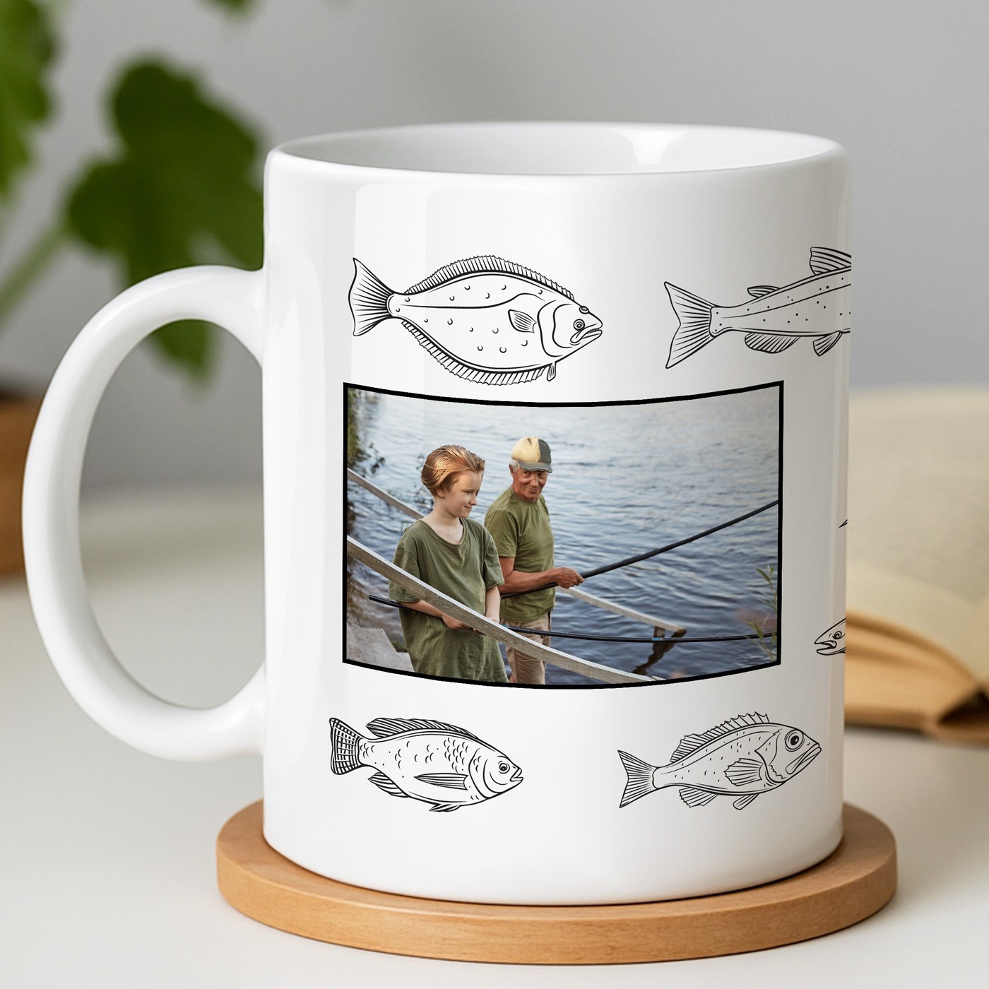 Mug blanc en céramique avec photo pour grand père pêcheur