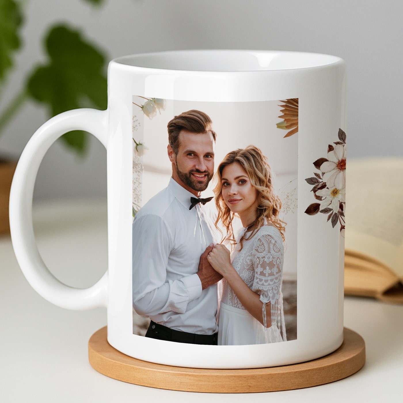 Mug blanc en céramique avec photo pour couple jeunes mariés