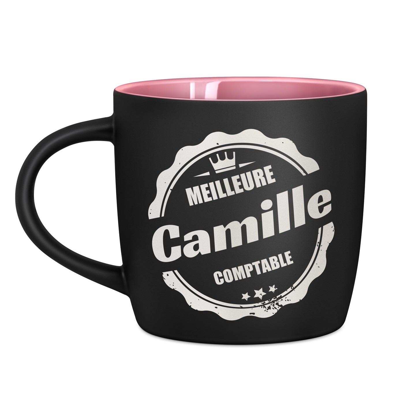 Tasse en céramique noire mate et fond rose avec personnalisation pour l'anniversaire d'une amie comptable
