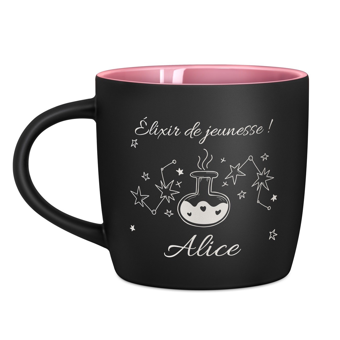 Tasse en céramique noire mate et fond rose avec personnalisation pour l'anniversaire d'une amie