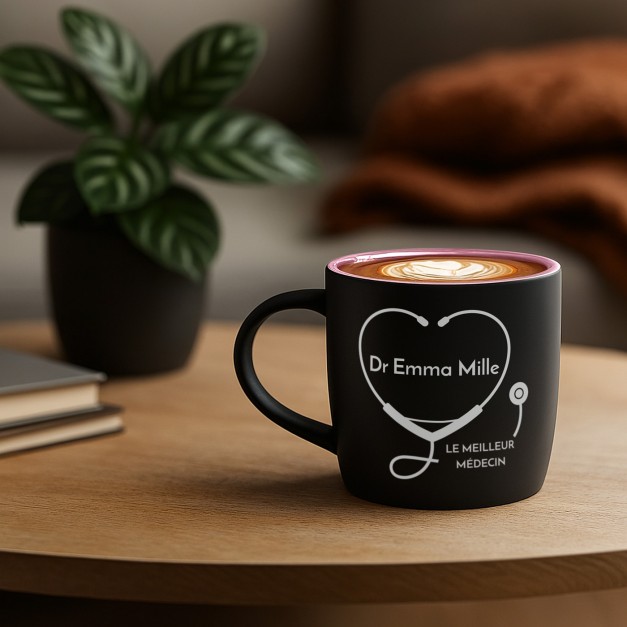 Tasse en céramique noire mate et fond rose avec personnalisation pour un médecin