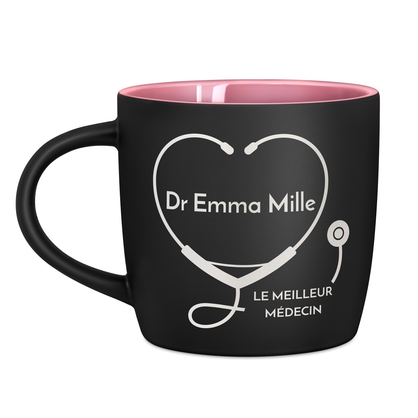 Tasse en céramique noire mate et fond rose avec personnalisation pour un médecin