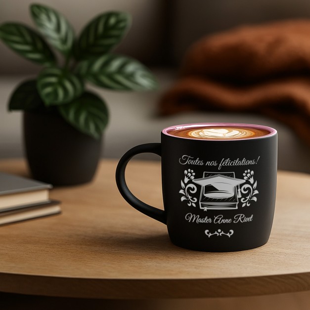 Tasse en céramique noire mate et fond rose avec personnalisation pour elle pour son master