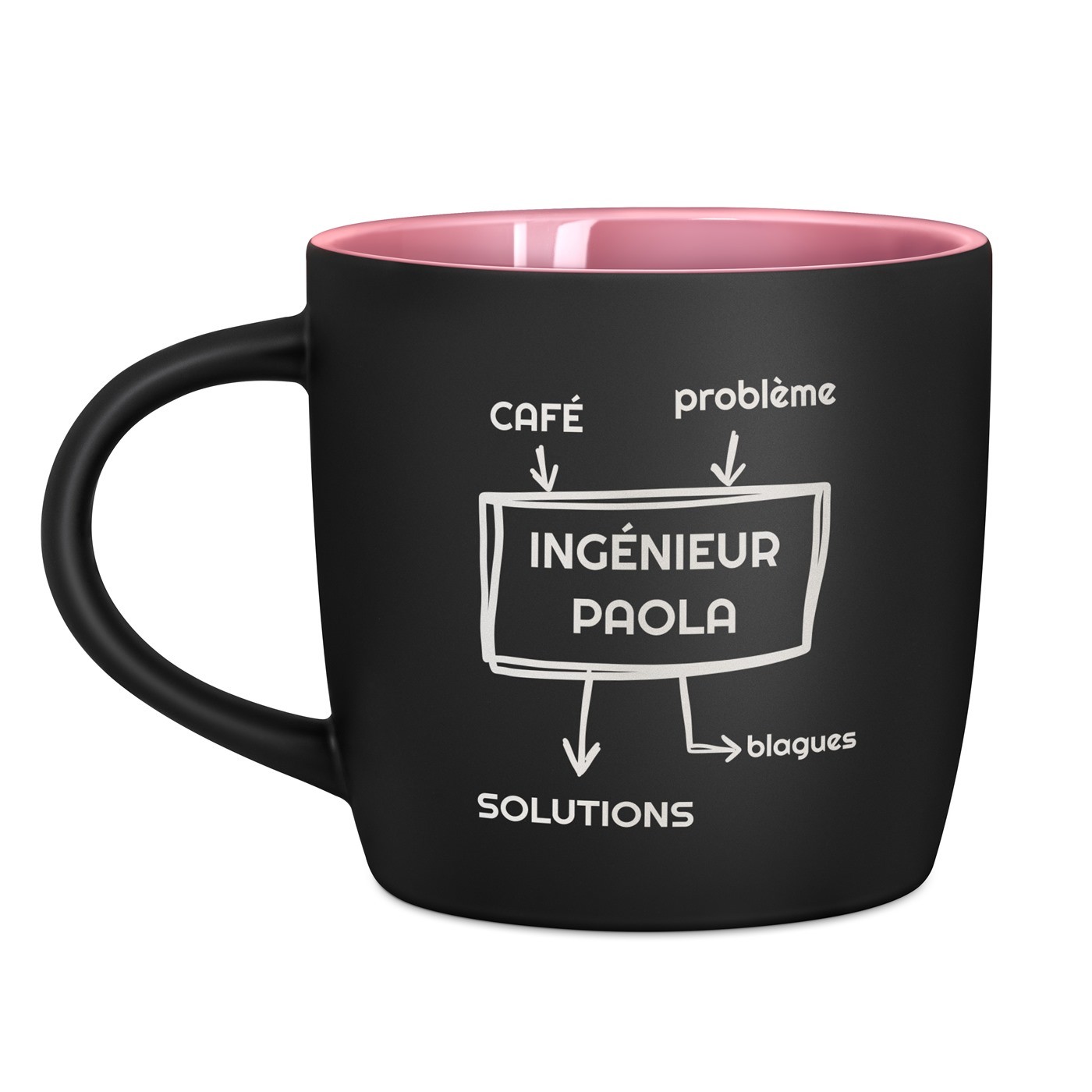 Tasse en céramique noire mate et fond rose avec gravure pour l'anniversaire d'un ingénieur