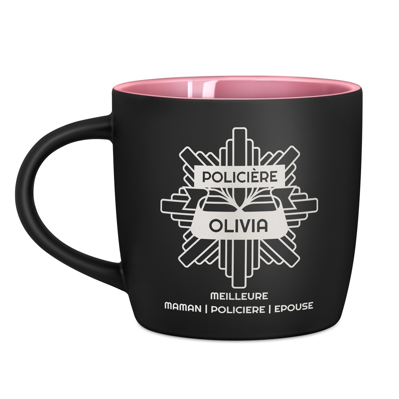 Tasse en céramique noire mate et fond rose avec personnalisation pour l'anniversaire d'un mari policier