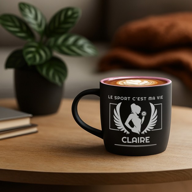 Tasse en céramique noire mate et fond rose avec gravure pour une femme fitness