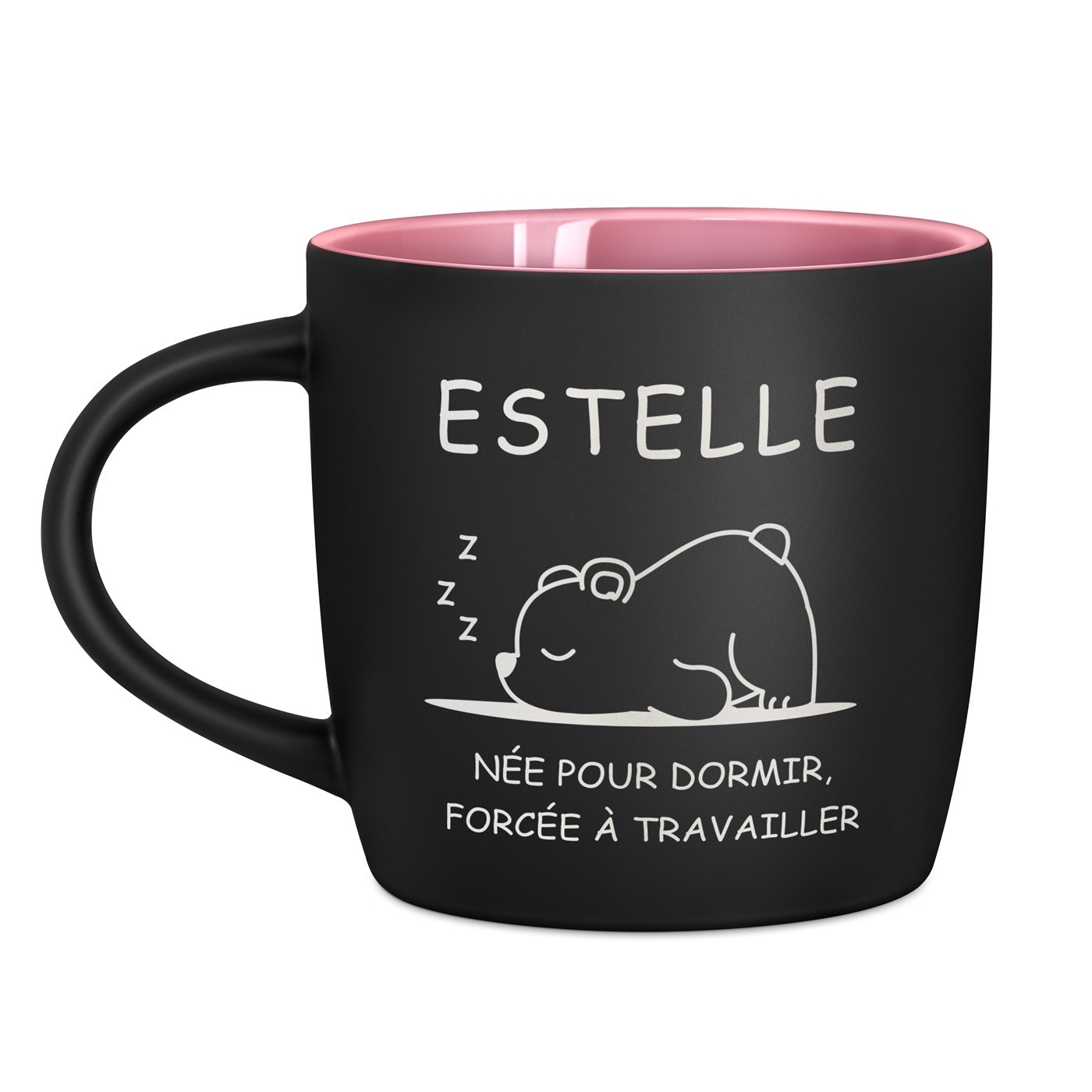 Tasse en céramique noire mate et fond rose avec personnalisation pour l'anniversaire d'un dormeur