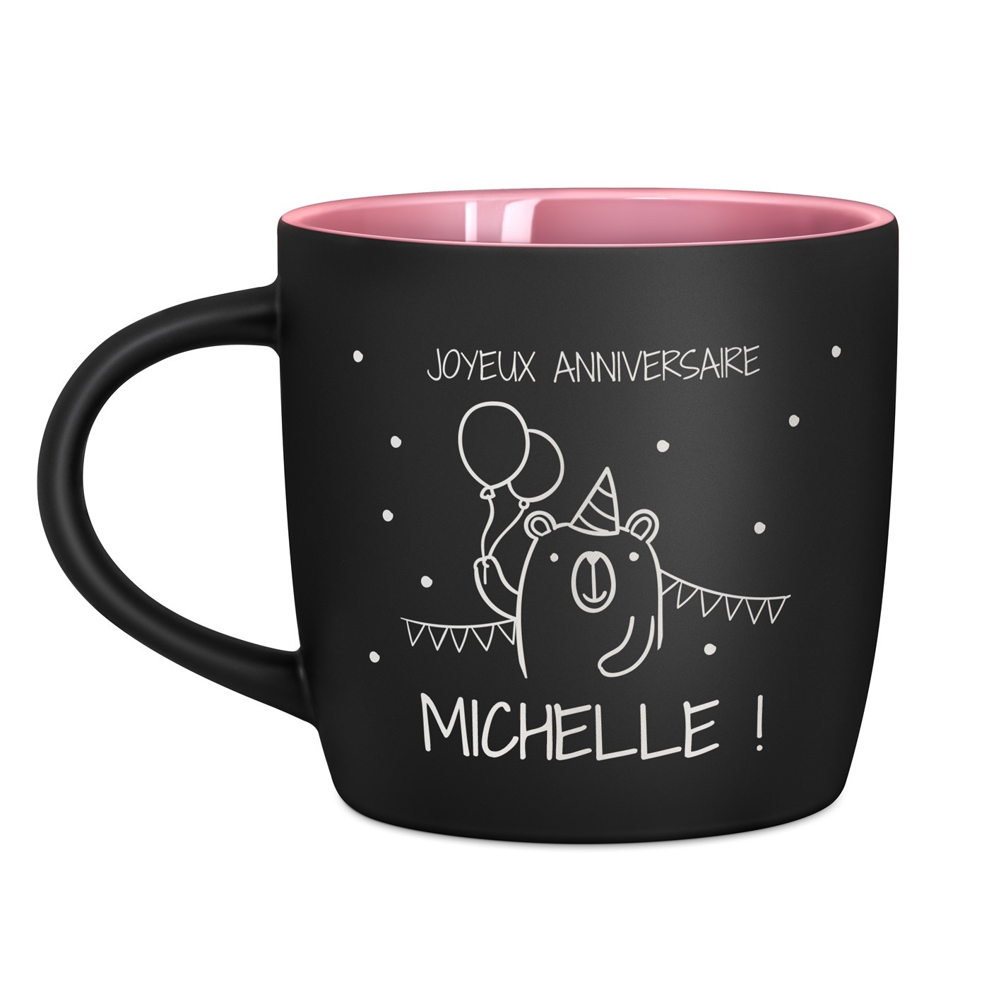 Tasse en céramique noire mate et fond rose avec gravure pour l'anniversaire d'un fils