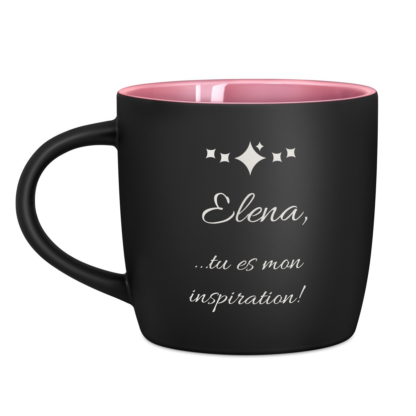 Tasse en céramique noire mate et fond rose avec gravure pour une copine pour la Saint-Valentin