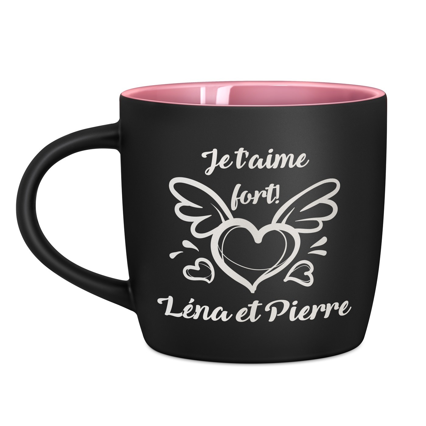 Tasse en céramique noire mate et fond rose avec personnalisation pour elle ou pour lui pour la Saint-Valentin