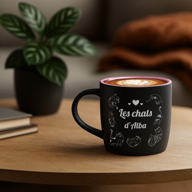 Tasse en céramique noire mate et fond rose avec personnalisation pour l'anniversaire d'une fan de chat