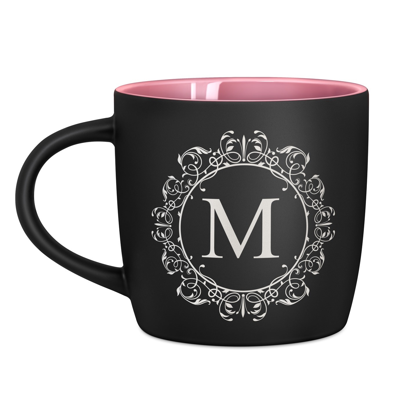 Tasse en céramique noire mate et fond rose avec personnalisation pour elle ou pour lui pour une crémaillère