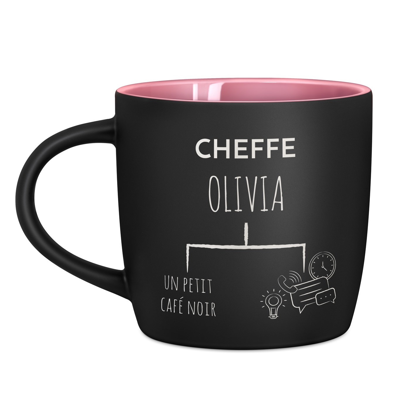 Tasse en céramique noire mate et fond rose avec gravure pour l'anniversaire d'un chef