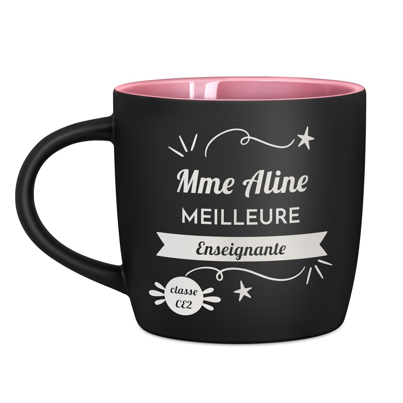 Tasse en céramique noire mate et fond rose avec personnalisation pour un meilleur prof pour la fin de l'année