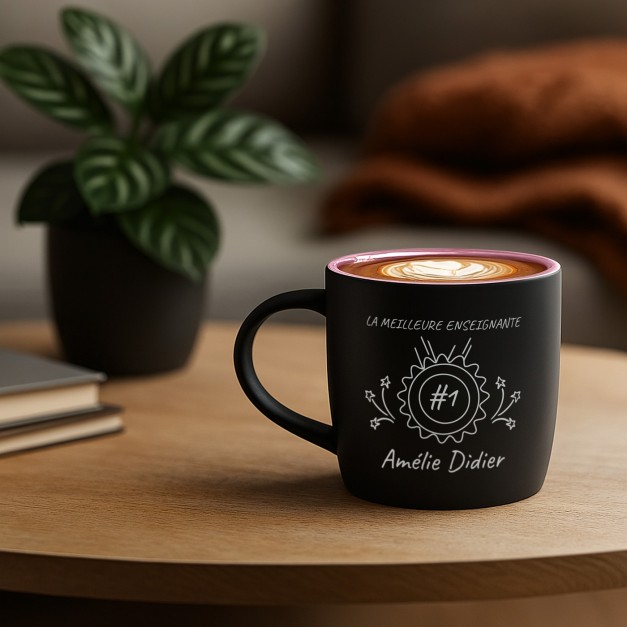 Tasse en céramique noire mate et fond rose avec gravure pour un prof