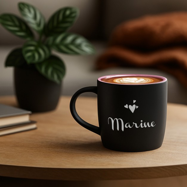 Tasse en céramique noire mate et fond rose avec gravure pour un mari pour la Saint-Valentin