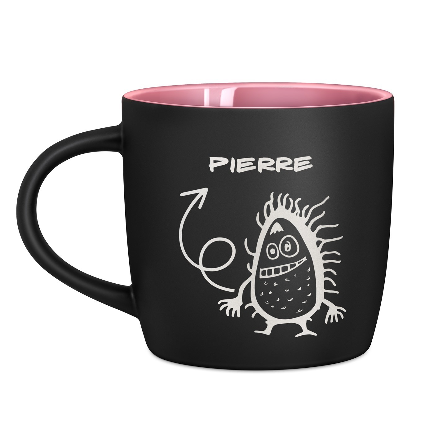 Tasse en céramique noire mate et fond rose avec personnalisation pour l'anniversaire d'un garçon 