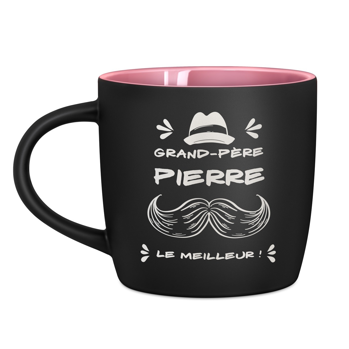 Tasse en céramique noire mate et fond rose avec gravure pour l'anniversaire d'un papy