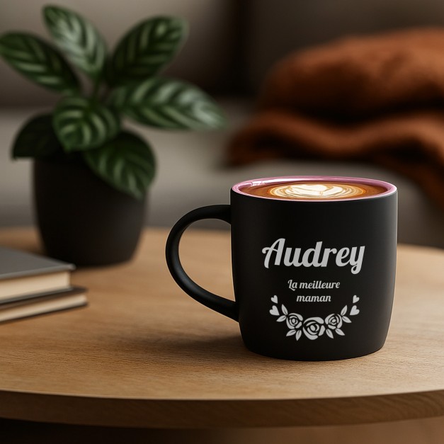 Tasse en céramique noire mate et fond rose avec personnalisation pour la fête des mères