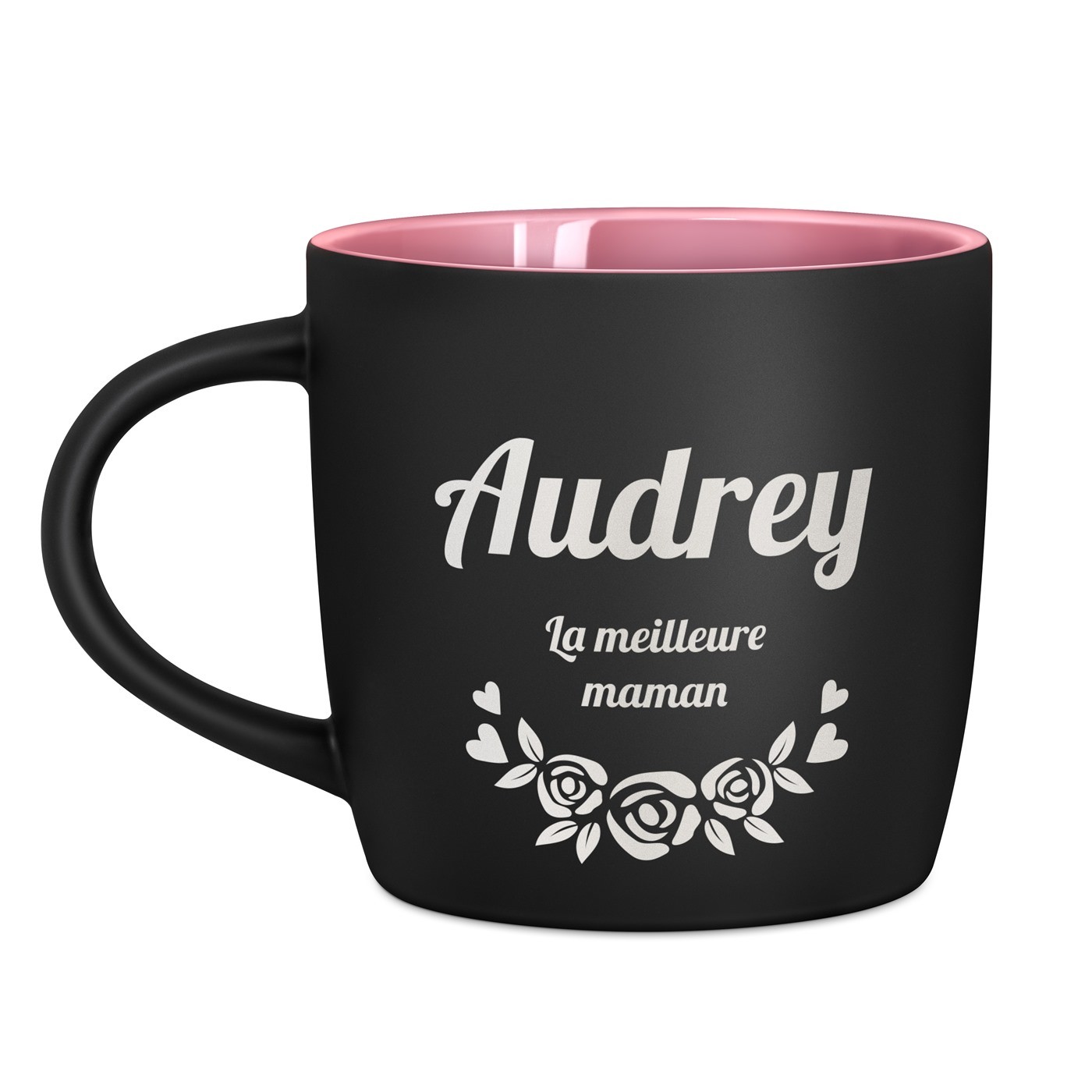 Tasse en céramique noire mate et fond rose avec personnalisation pour la fête des mères