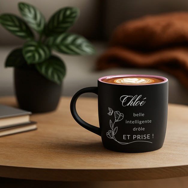 Tasse en céramique noire mate et fond rose avec gravure pour une femme pour l'anniversaire de mariage