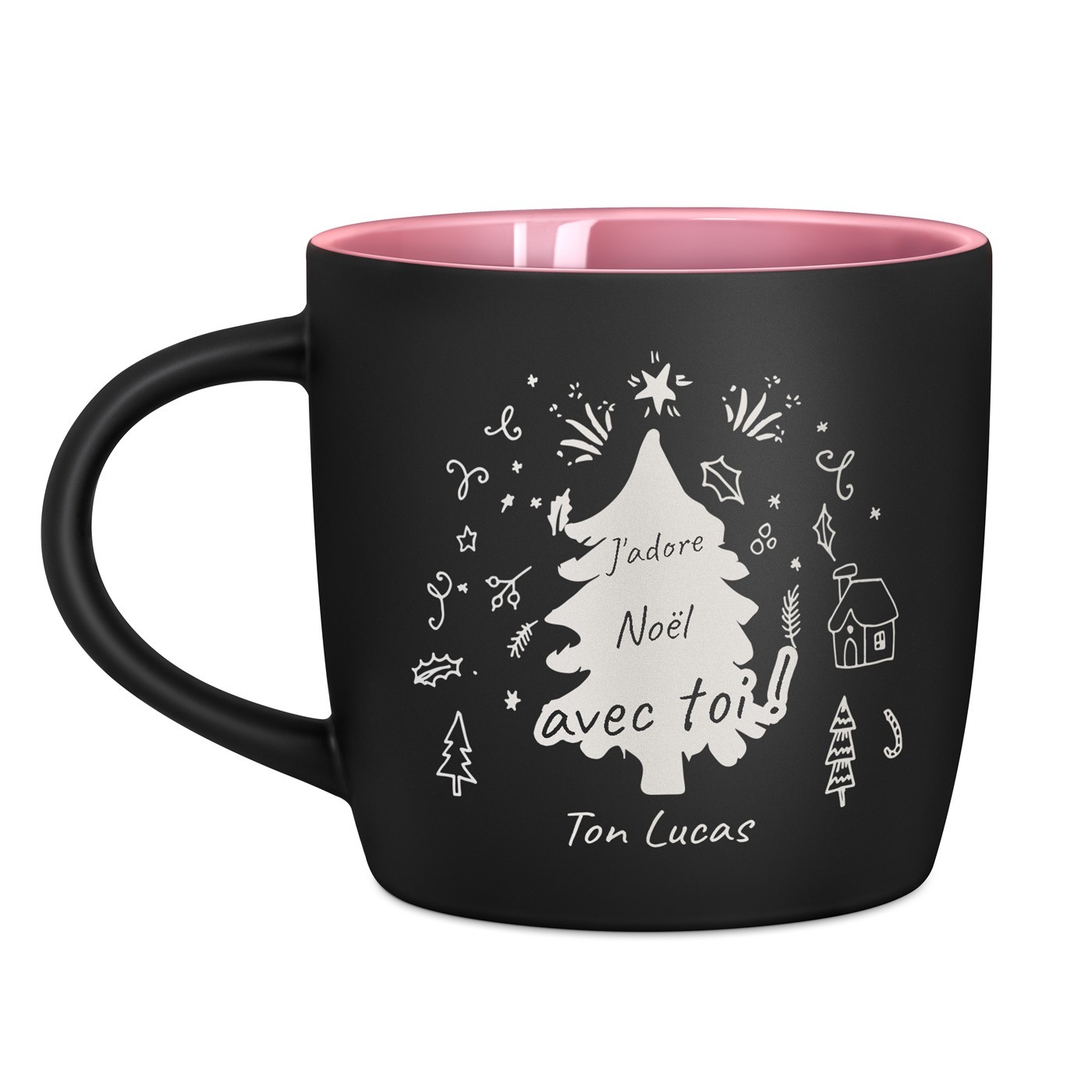 Tasse en céramique noire mate et fond rose avec gravure pour un mari pour Noël