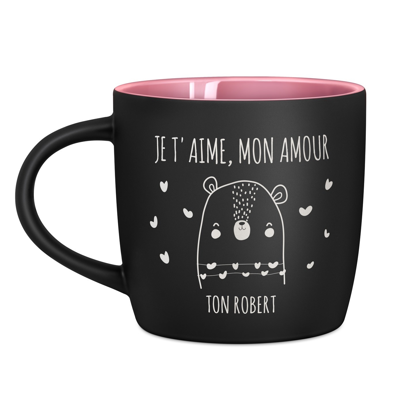 Tasse en céramique noire mate et fond rose avec personnalisation pour un mari pour l'anniversaire de mariage