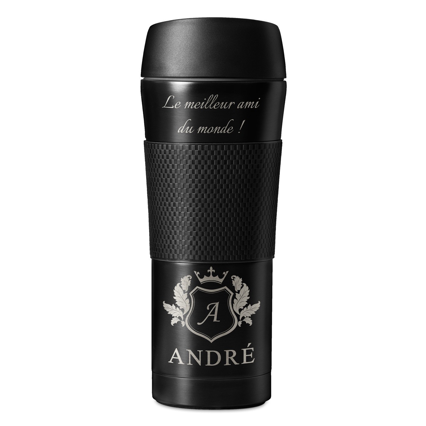 Mug thermos noir avec revêtement antidérapant et gravure pour l'anniversaire d'un meilleur ami