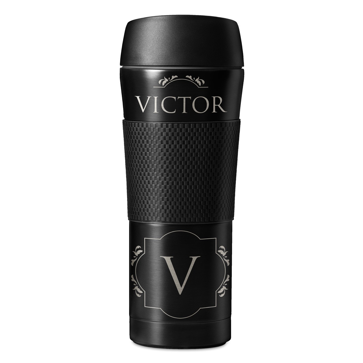 Mug thermos noir avec revêtement antidérapant et gravure pour l'anniversaire d'un ami