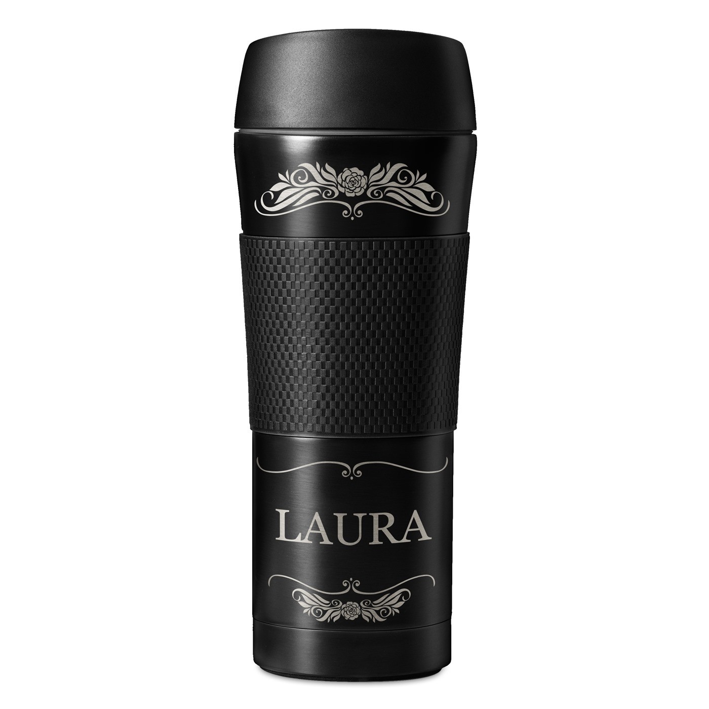 Bouteille isotherme noire personnalisée avec revêtement antidérapant pour l'anniversaire d'une femme