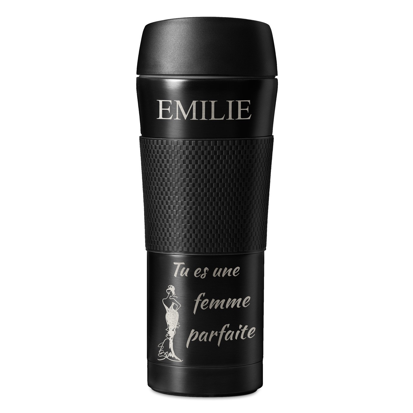 Mug isotherme noir avec revêtement antidérapant et gravure pour une femme pour la fête des secrétaires