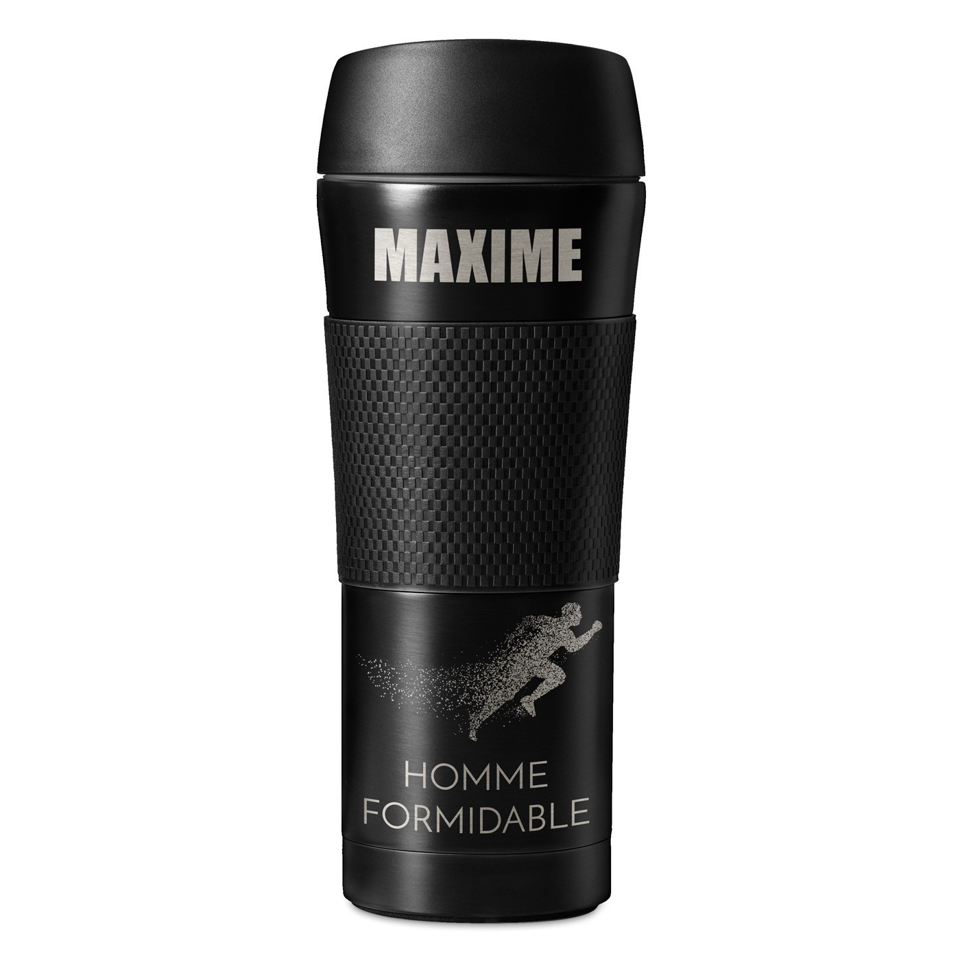 Bouteille isotherme noire personnalisée avec revêtement antidérapant pour l'anniversaire d'un sportif
