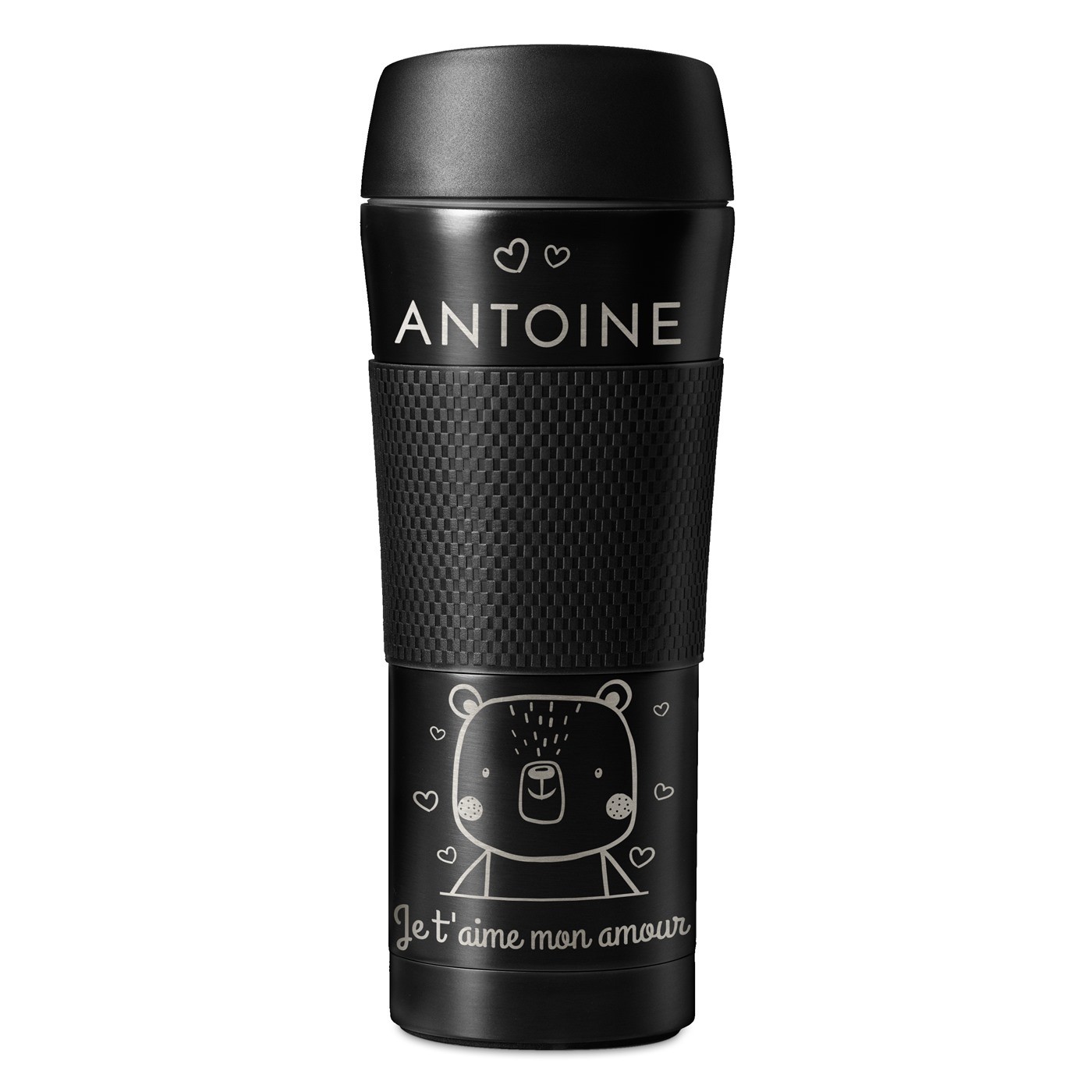 Mug thermos noir avec revêtement antidérapant et gravure pour un mari pour la Saint-Valentin