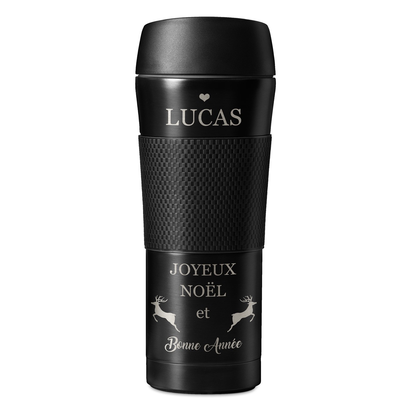 Bouteille isotherme noire personnalisée avec revêtement antidérapant pour un mari pour Noël