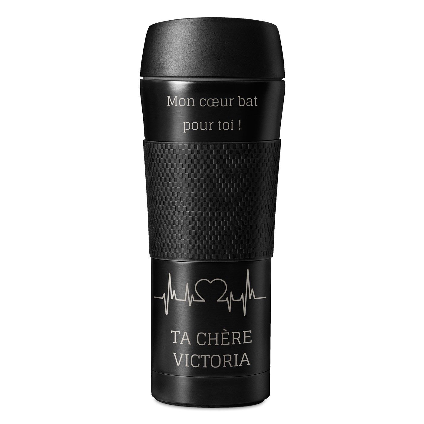 Mug de voyage noir avec revêtement antidérapant et gravure pour un homme pour la Saint-Valentin