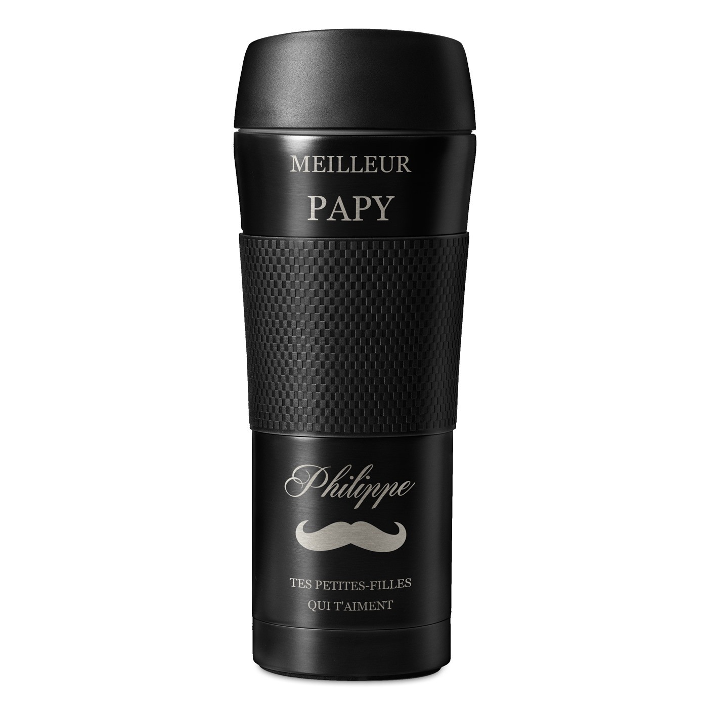 Mug de voyage noir avec revêtement antidérapant et gravure pour l'anniversaire de papy