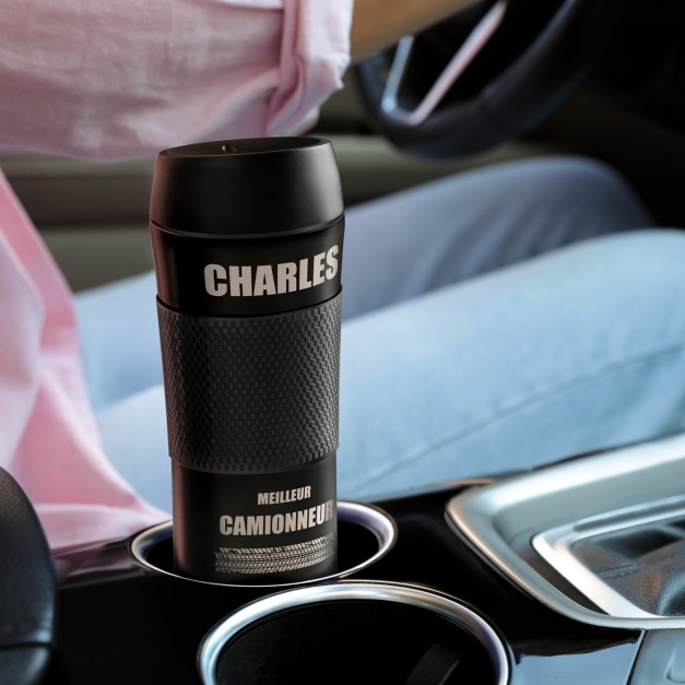 Mug de voyage noir personnalisé avec revêtement antidérapant pour l'anniversaire d'un camionneur