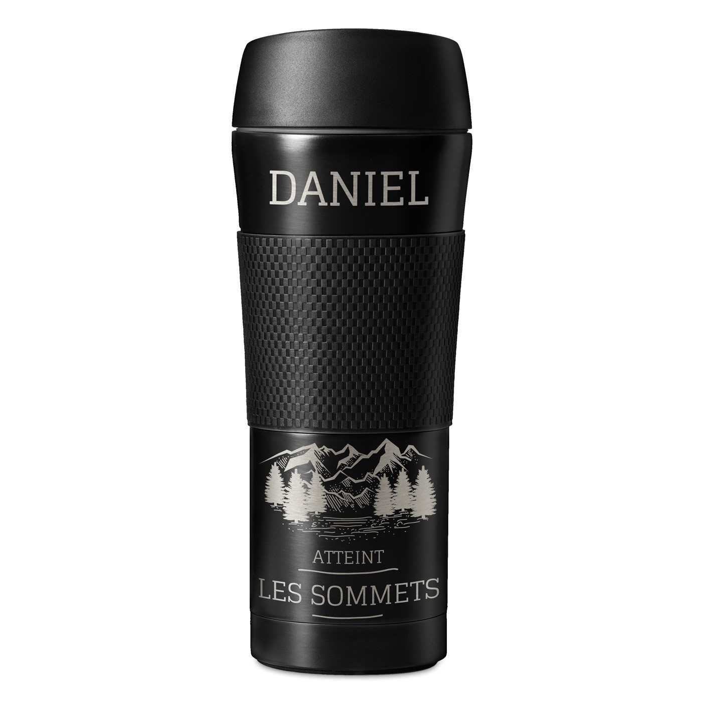 Mug de voyage noir avec revêtement antidérapant et gravure pour un passionné de montagne