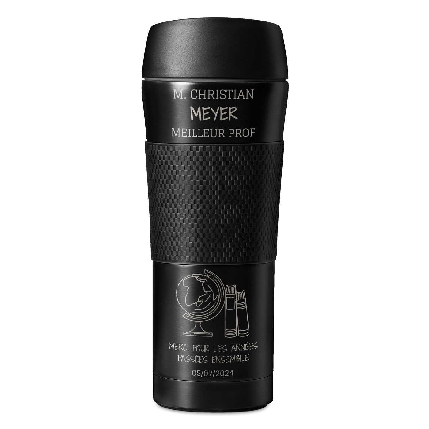 Mug isotherme noir avec revêtement antidérapant et gravure pour remerciement prof