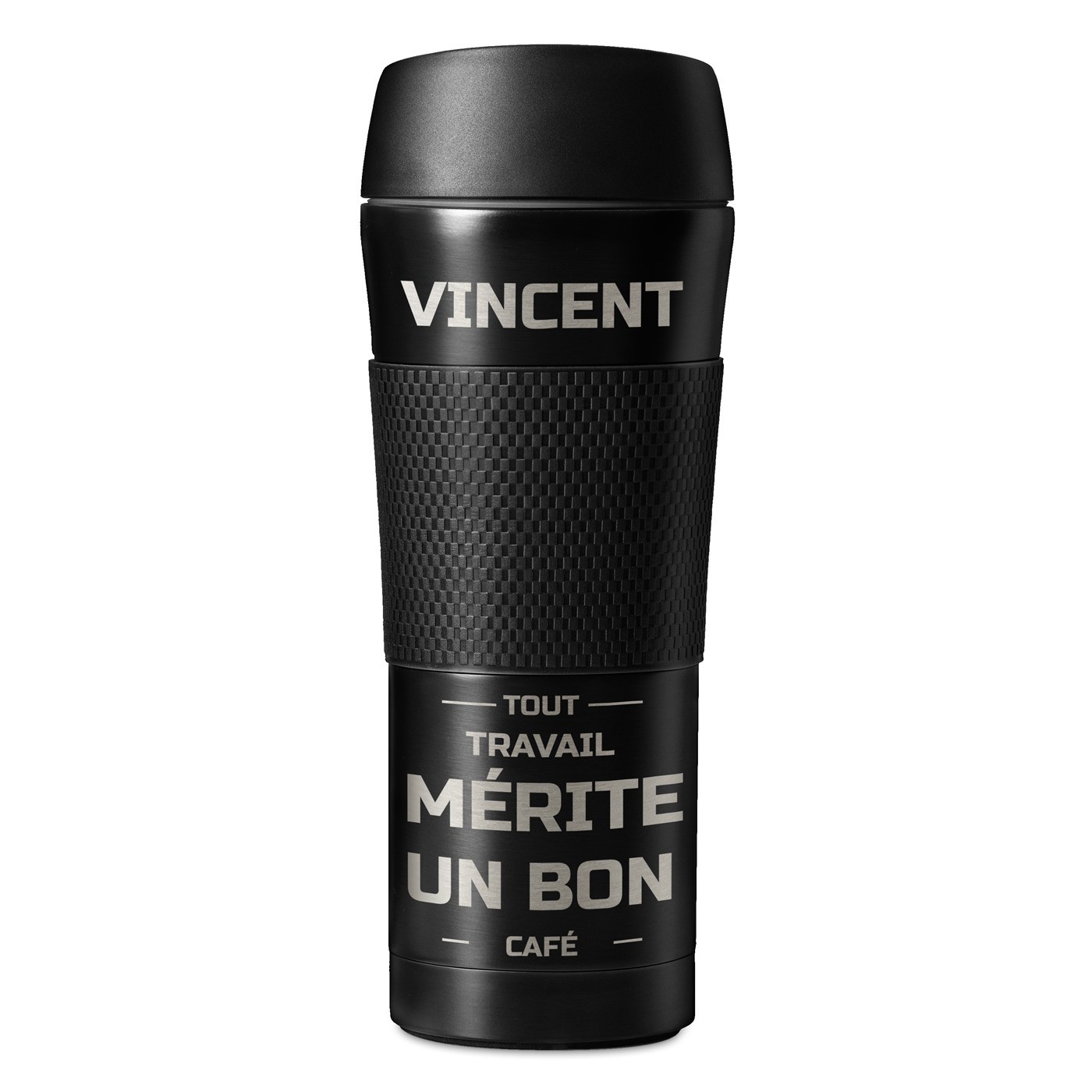 Mug isotherme noir personnalisé avec revêtement antidérapant pour un passionné de café