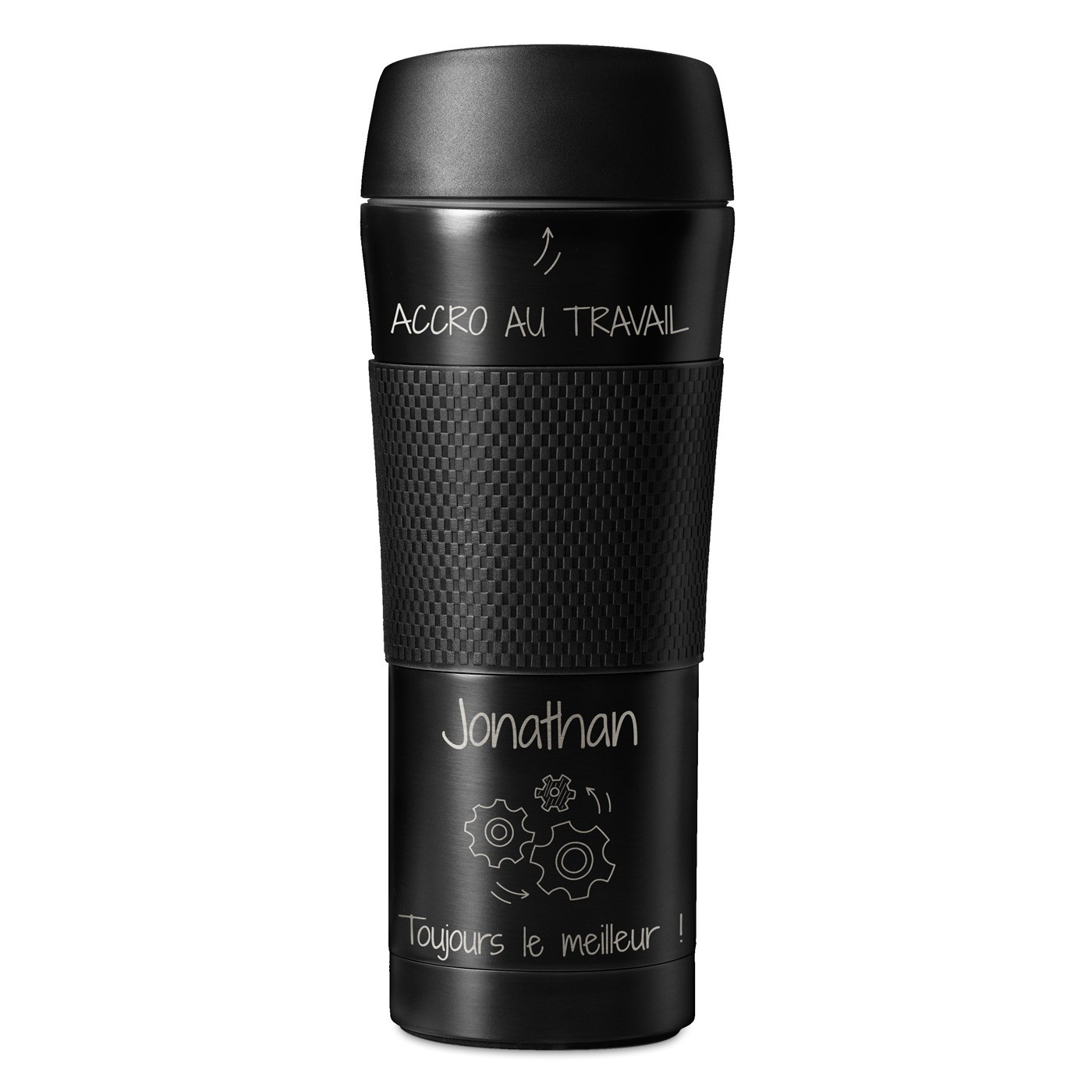 Mug thermos noir avec revêtement antidérapant et gravure pour un copain pour une promotion de travail