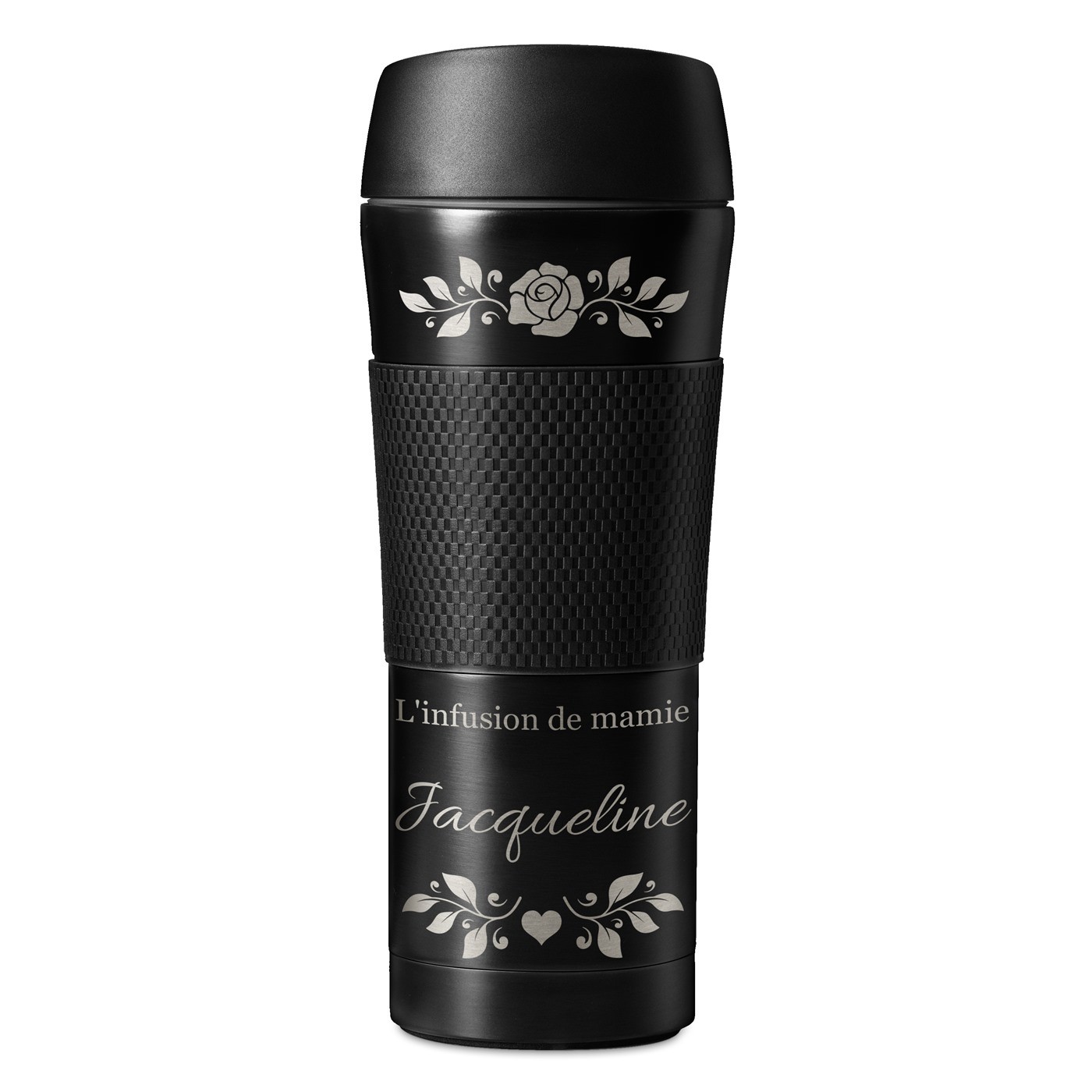 Mug thermos noir avec revêtement antidérapant et gravure pour mamie