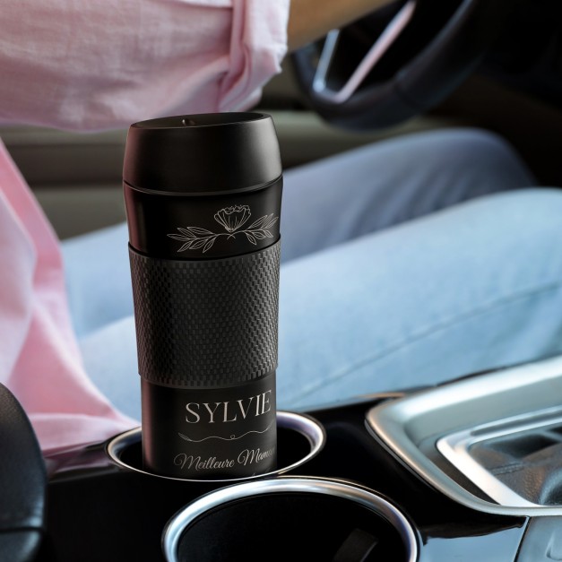 Mug de voyage noir personnalisé avec revêtement antidérapant pour l'anniversaire de maman