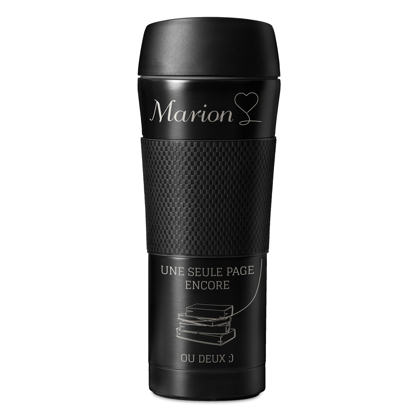 Mug isotherme noir avec revêtement antidérapant et gravure pour l'anniversaire d'une étudiante