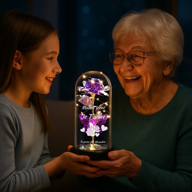 Rose éternelle violette personnalisée sous cloche en verre avec lumière LED pour la fête des grands-mères