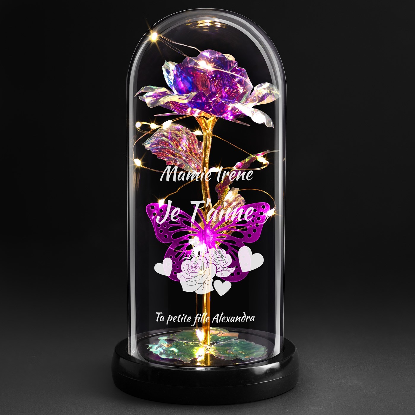 Rose éternelle violette personnalisée sous cloche en verre avec lumière LED pour la fête des grands-mères