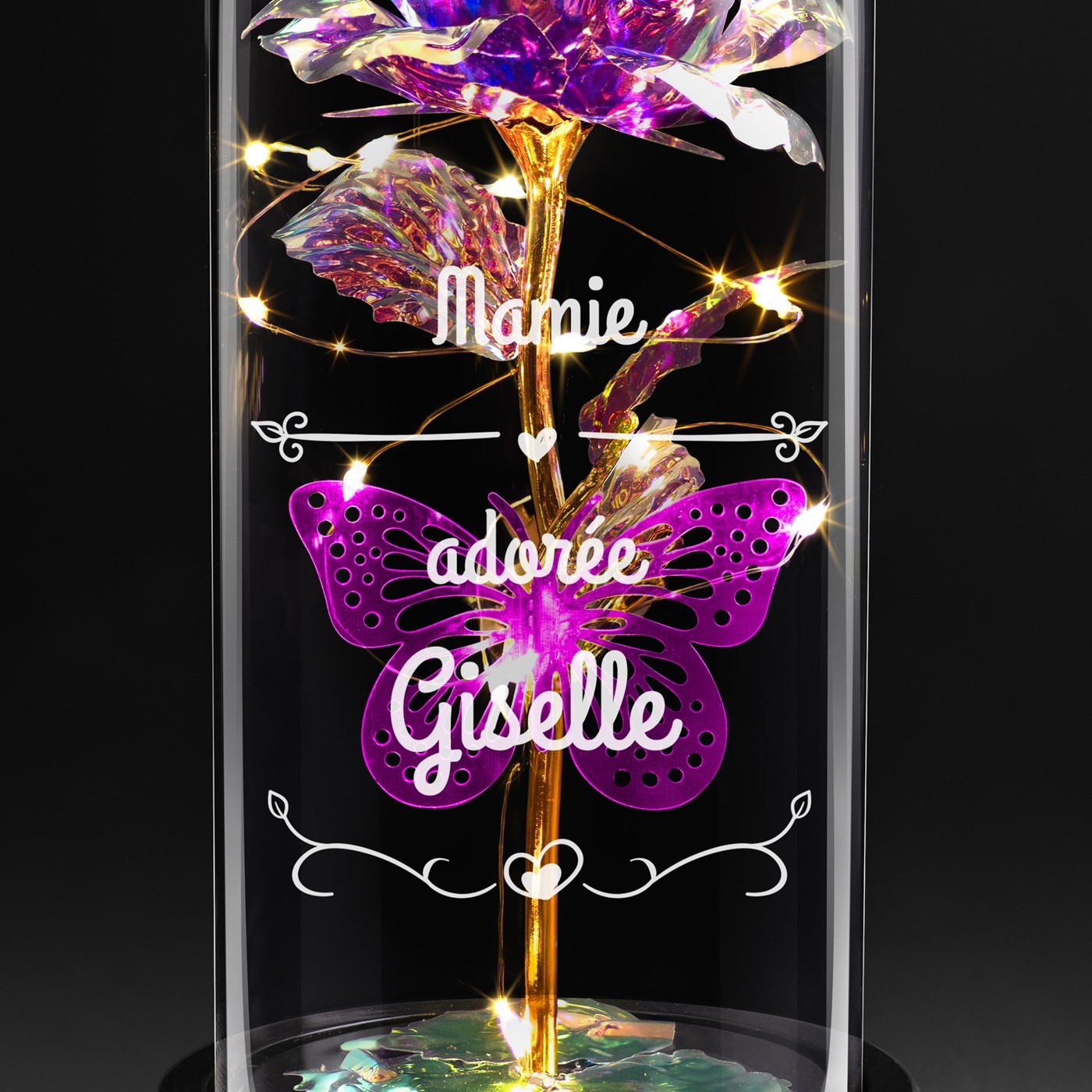 Rose éternelle violette sous cloche en verre avec gravure et lumière LED pour l'anniversaire de mamie