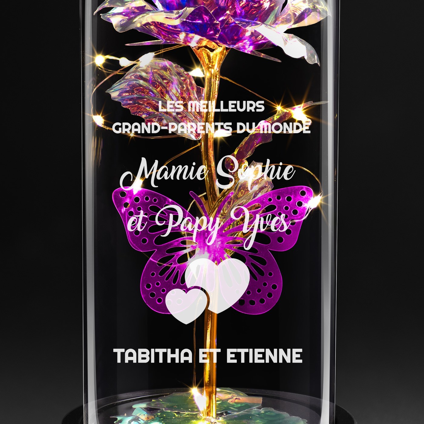 Rose éternelle violette personnalisée sous cloche en verre avec lumière LED pour des grands-parents