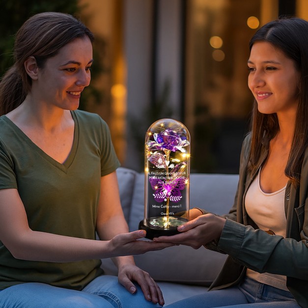 Rose éternelle violette sous cloche en verre avec gravure et lumière LED pour une prof